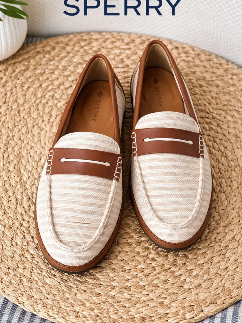 Sperry Seaport Penny Loafers Striped Canvas Tan Leather Size 7 - Picture 3 of 7